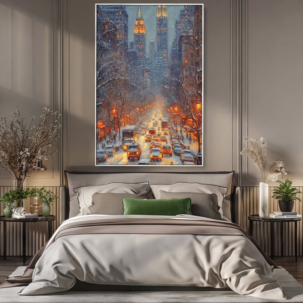 Tablou canvas cu pictura cu bulevard inzapezit si masini, in rama de aluminiu argintiu, pe perete intr-un dormitor